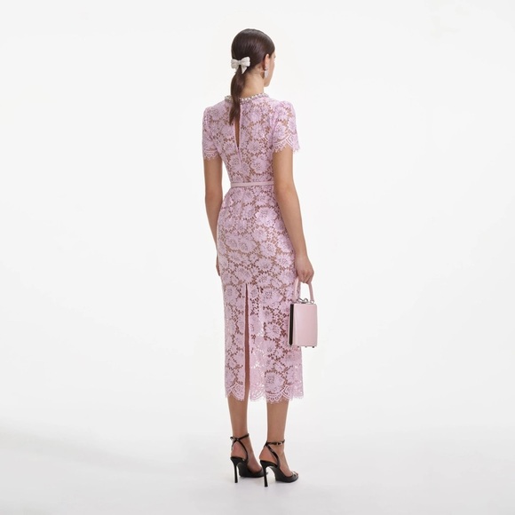 NEW Self-Portrait Fine Lace Pearl Midi Dress in Pink | UK 8 / US 4 - Picture 2 of 16